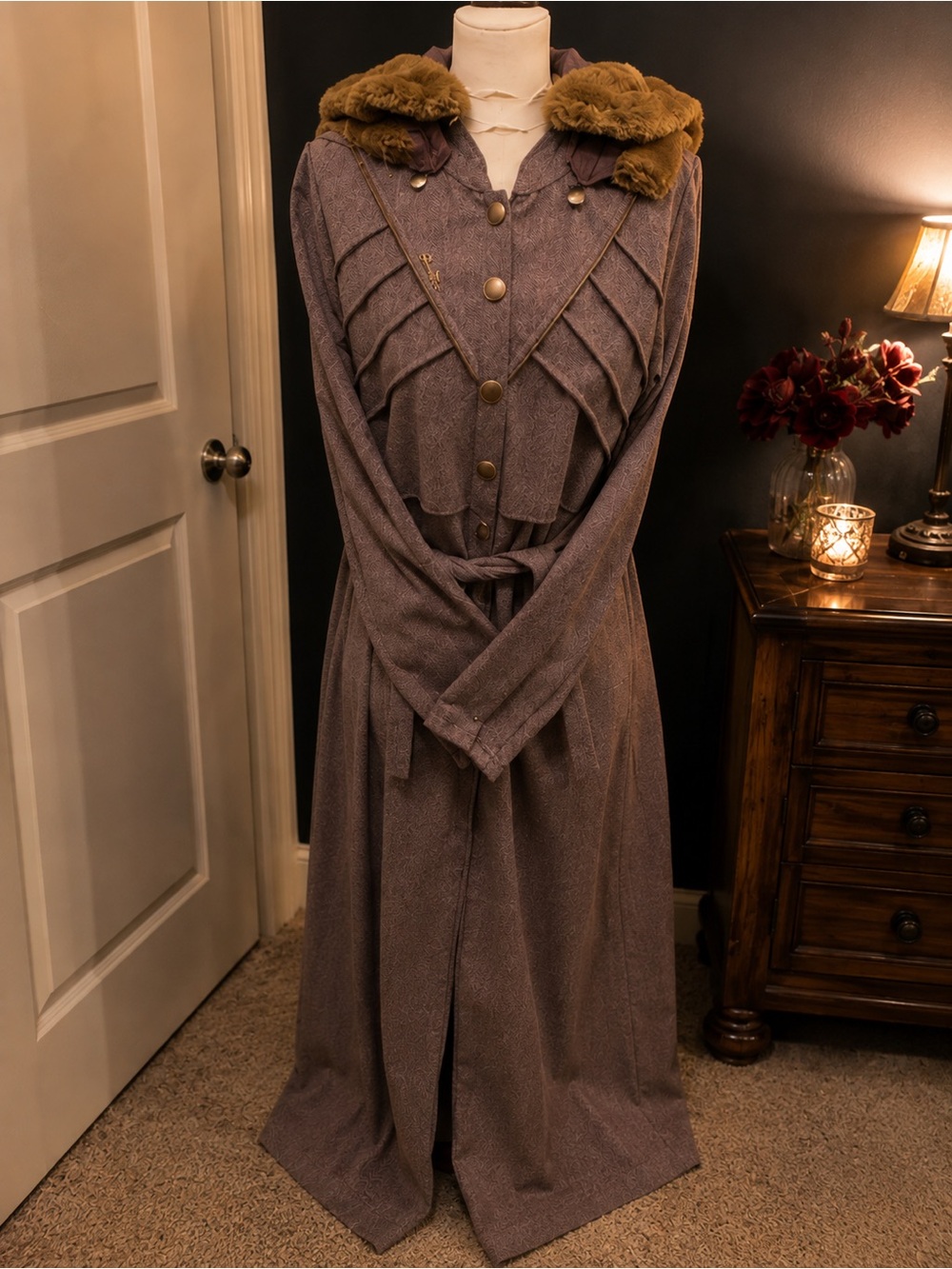 Vintage-Inspired Long Sleeve wool javket with Faux Fur Collar